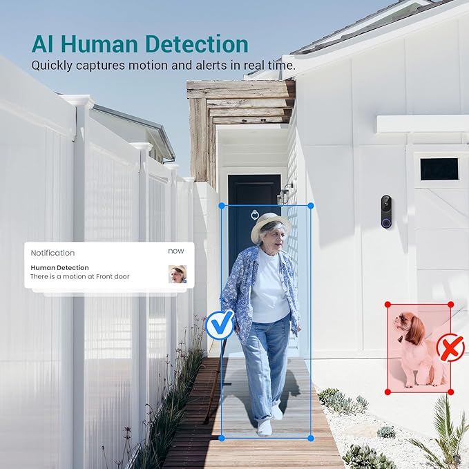 1080p Smart Video Doorbell Camera Wireless, Doorbell Receiver Included, Live View, AI Human Detection, 2.4G WiFi, Night Vision, Cloud Storage, Battery Powered, Indoor Outdoor Surveillance