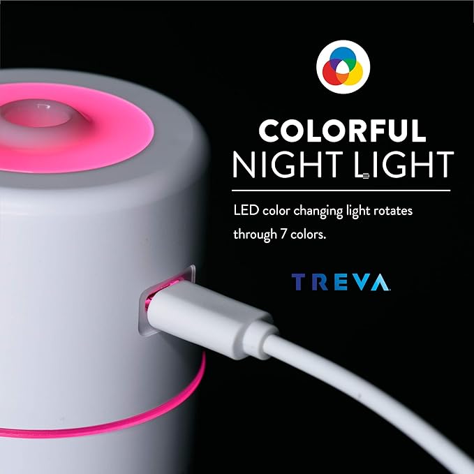 Treva Portable Mini Humidifier 150 ml Capacity, Cool Mist Ultrasonic Humidifier with Colored Light, USB Powered, Whisper Quiet with 2 Misting Modes