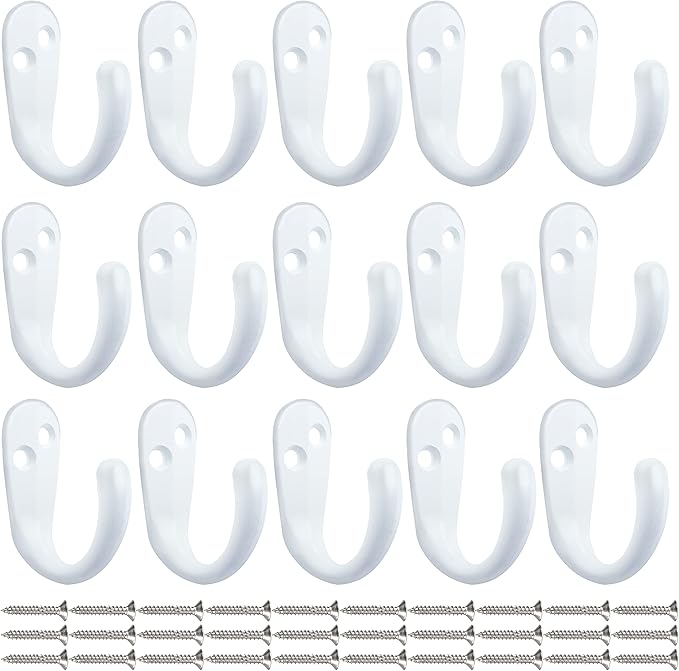 IBosins 15PCS Coat Hooks Wall Mounted Single Prong Robe Hook for Hanging Towel Hooks with 30 Screws for Bags, Hat, Cap, Scarf, Cup (White)