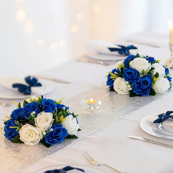BLOSMON Royal Blue Artificial Flowers: 6 Pcs Fake Roses Flower Ball Centerpieces for Wedding Dinning Table - Faux Silk Kissing Bouquet Floral Arrangement for Home Party Event Decor