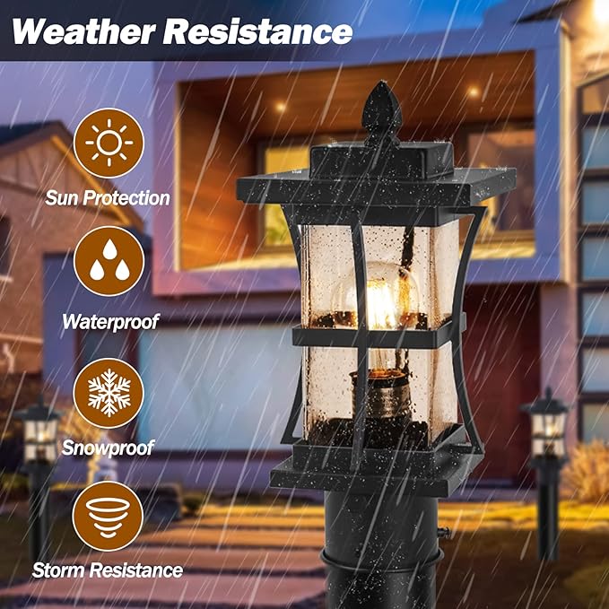 Dusk to Dawn Outdoor Post Light Fixture with Pier Mount Base - Black Outdoor Pole Lighting, Waterproof Pillar Lantern, Modern Outside Column with Seeded Glass for Pathway, Garden, Patio, Anti-Rust