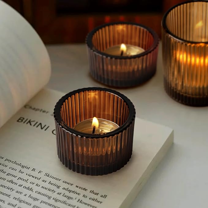 20pcs Assorted Votive Candle Holders for Tea Light Candles, Amber Glass Tea Light Candle Holders Set, Decorative Ribbed Tealight Holder for Wedding Table Decor, Dining Room, Valentine's Day, Birthday