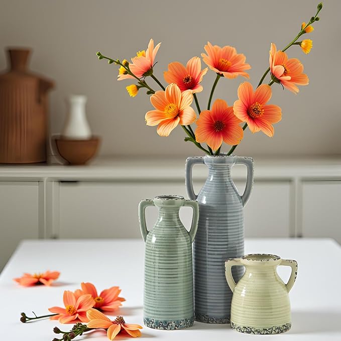 Ceramic Vase Set of 3 - Farmhouse Vase Set for Modern Decoration, Rustic Crackle Round Vases for Home Decor, Dining Table, Living Room, Kitchen, Office, Shelf - Multicolor