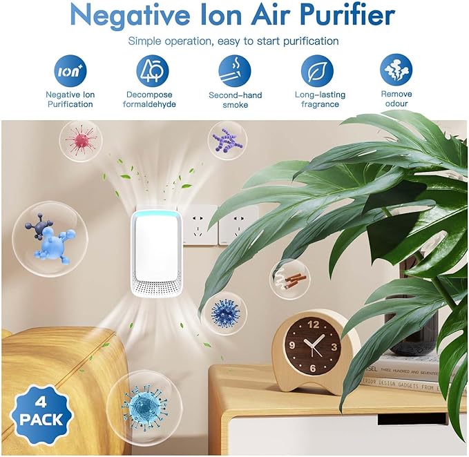 Plug In Air Ionizers - Negative Ion Technology Air Purifier - Quiet Operation Air Freshener for Home, Bedroom, Office, Garage Room - Portable Air Purifiers Odor,Pets Smell - Air Cleaner White (4 Pack）