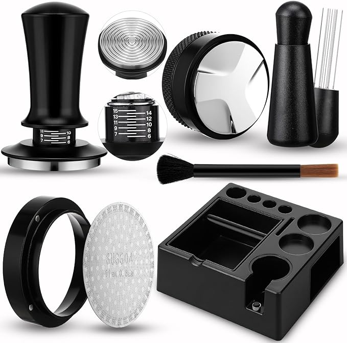 7pcs Espresso Accessories Kit 51/58/53mm Tamping Station Machine Accessories Spring Loaded Calibrated Tamper Wdt Espresso Tool and Dosing Funnel Set Distributor and Tamper Leveler(53mm)