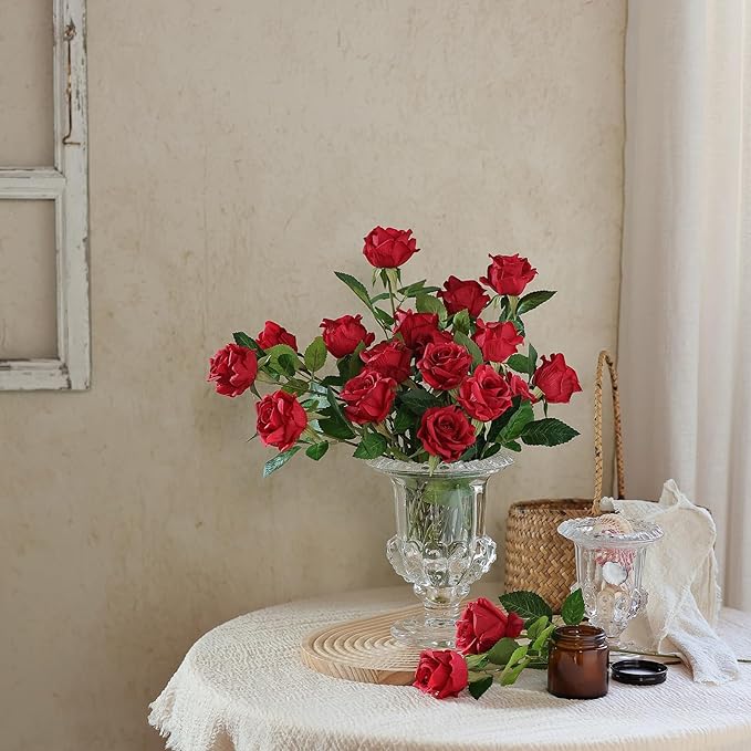 FOTEEWL 60 Pcs Artificial Rose Flower Realistic Faux Silk Roses Stem Fake Roses Bouquet for Flower Arrangement,Wedding Centerpieces,Party,Home Decorations (Burgundy)