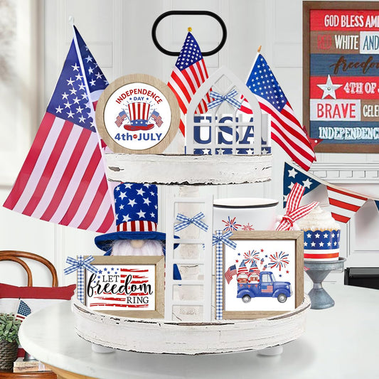CRCZK 10 Themes Interchangeable Seasonal Decor Set -Rustic Farmhouse 4th of July Tiered Tray Decorations, Perfect for Holiday Decor Memorial Day Decorations Summer Decorations for Home Lavender Decor