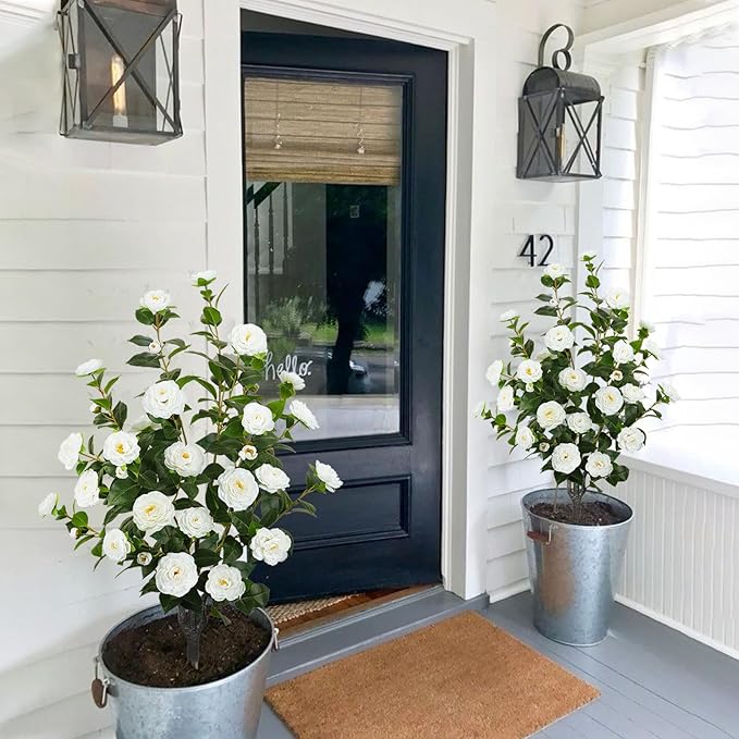 43.3"/3.6FT Artificial Camellia Tree Fake Outdoor Tree with 32 Blooming Flowers White Tree for Summer Home Front Door Indoor Decor (Including Dried Moss)