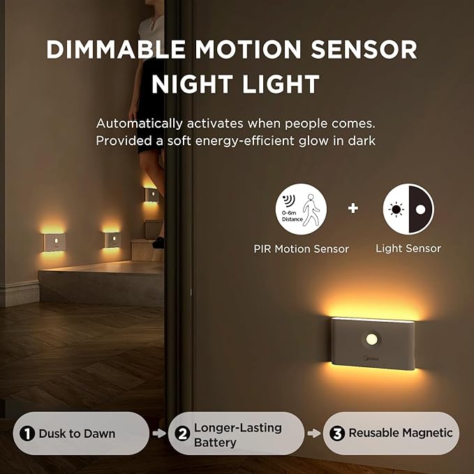 Midea 4 Pack Rechargeable Night Lights with Motion Sensor/Dusk to Dawn Sensor, Warm White Night Light Stair Lights for Indoor/Bedroom/Bathroom/Kitchen/Hallway,Cordless Design