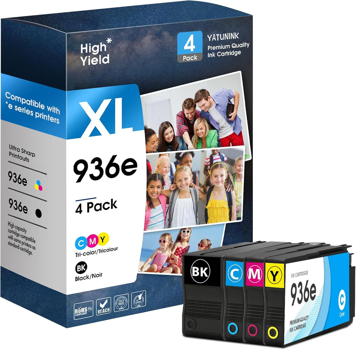 936XL 936e Ink Cartridges Combo Pack Compatible for HP 936 Ink Cartridges Work with OfficeJet 9122e; OfficeJet Pro 9110b, 9125e, 9128e, 9130b, 9135e; OfficeJet Pro Wide Format 9730e (4 Pack)