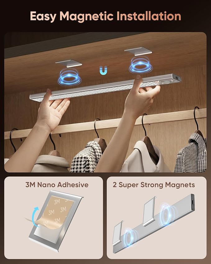 12inch Under Cabinet Lighting Wireless, 152LED Motion Sensor Light Indoor, Rechargeable Closet Lights, 3 Color Temps & Dimmable, Stick On Under Counter Lights for Kitchen, Pantry, 1 Pack