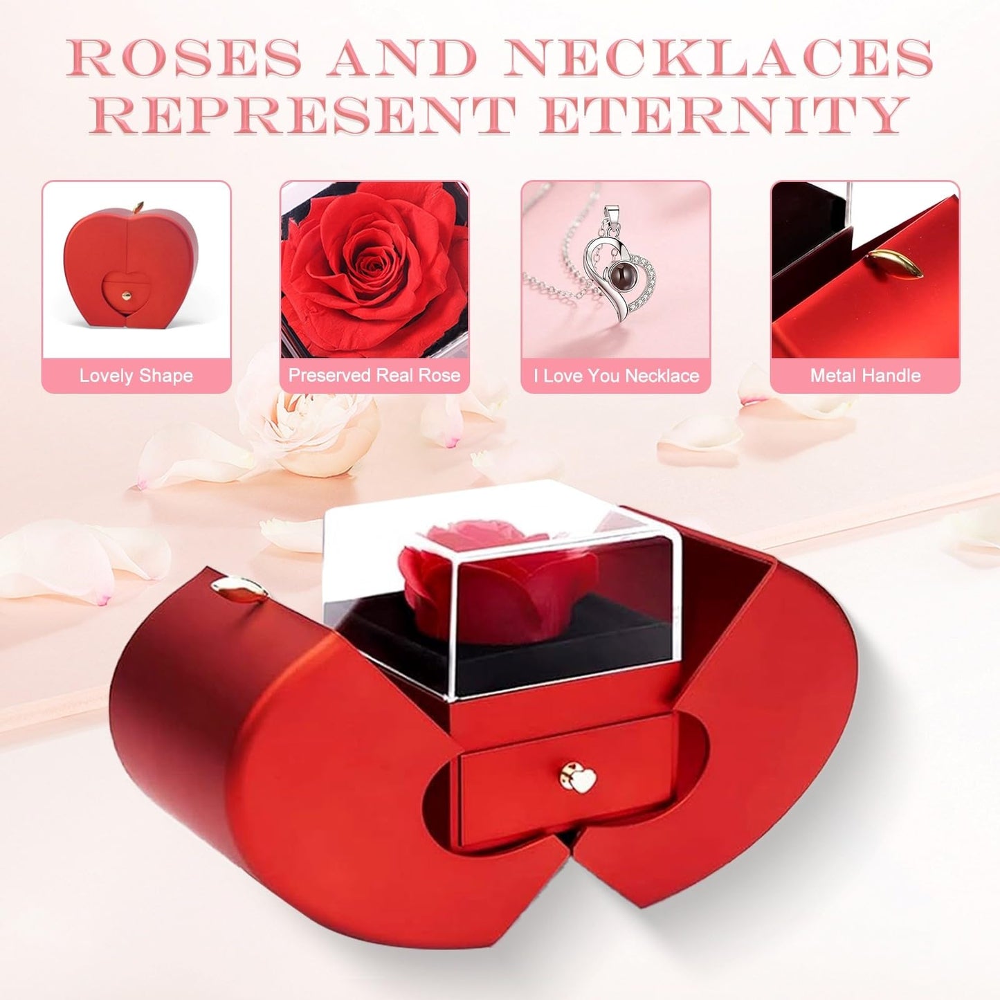 Preserved Real Rose with I love you Necklace 100 Languages, Gifts for Girlfriend, Women, Mom, Wife, Gifts Idea on Christmas, Valentine's Day, Mother's Day, Birthday, Anniversary, Thanksgiving