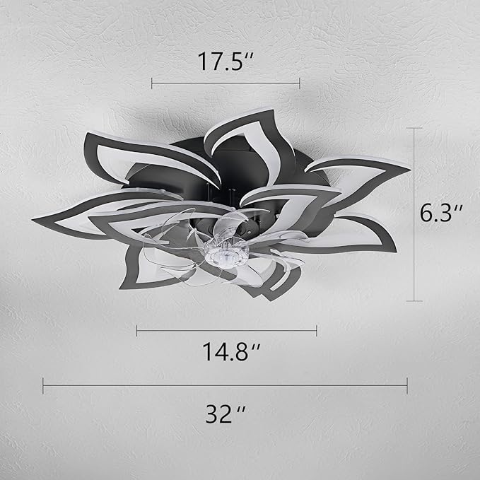 Modern Ceiling Fan with Light and Remote, Low Profile Ceiling Fans with Lights, 32 Inch Flush Mount Ceiling Fan with 3 Light Color 6 Speeds, Fandelier Ceiling Fan for Living Room, Dining Room