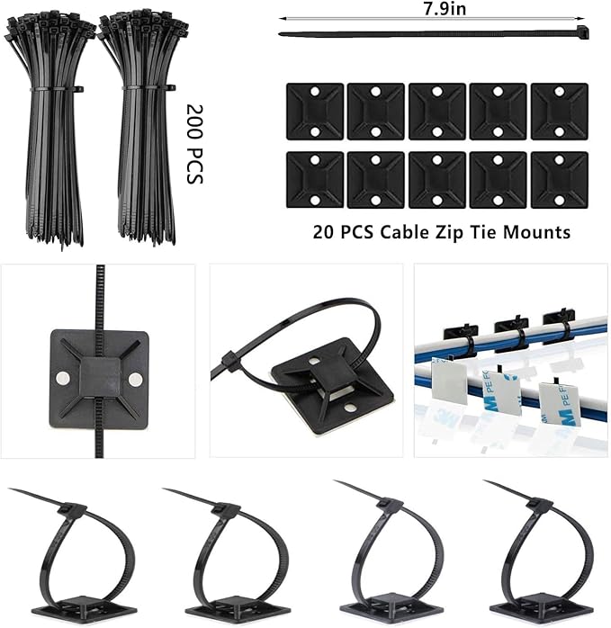 ELII 300PCS Cable Management Kit,4 Cable Sleeve 35 Cable Clips with 11Cord Holders,20 Roll Cable Organizer Straps and 200 Fastening Cable Ties,20 Cable Zip Tie Mounts for Computer TV Under Desk