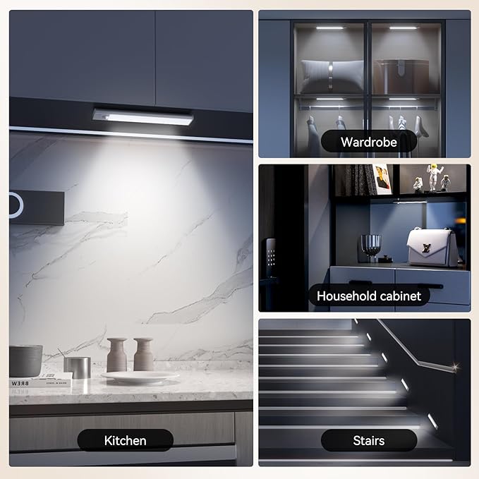 Under Cabinet Lighting, LED Magnetic Motion Activated Under Cabinet Lights, Rechargeable Closet Lights 1800mAh Battery Operated, Wireless Dimmable Under Counter Lights for Kitchen,Hallway 2 Pack