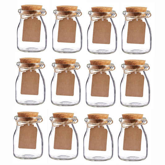 Bodosac 12pcs Vintage Glass Favor Jars with Cork Lids for Wedding Favor 3.4 oz Each Jars