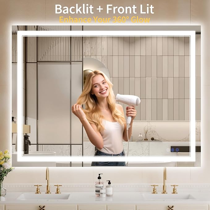 36"x48" LED Bathroom Mirror with Lights, Anti-Fog, Backlit + Front Lit, Dimmable, Led Vanity Mirror for Wall, Lighted Bathroom Mirror, 3 Colors, Shatter-Proof Tempered Glass