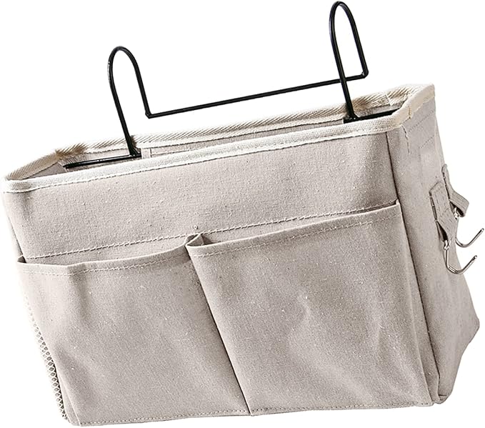 Cotton Linen Bedside Caddy Storage Organizer, Hanging Pocket for Bedside, Nightstand, Dorm Room (White)