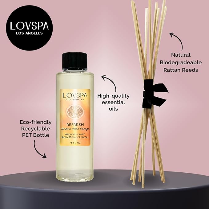LOVSPA Refresh Sicilian Blood Orange Diffuser Oil - Luxury Essential Oils for Diffuser Refill & Air Freshener Room Spray - Natural Home Fragrance, Scented Oil for Diffusers, USA Made, 4oz