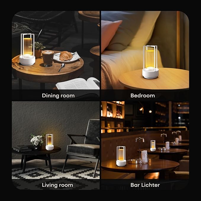 Portable Metal Table Lamp for Indoor/Outdoor ,Rechargeable Cordless LED Lamp, 3-Colour Infinitely Dimming Battery Powered Small Desk Lamp, Restaurant/Bedroom/Bar/Coffee Shop/Camping Light (White)