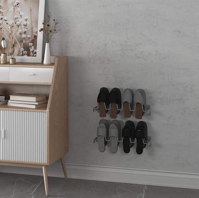 Lavezee Wall Hanging Shoe Rack Organizer 8 Pairs Sandals Slippers, Set of 2 Silver Metal Mounted Shoe Storage Holder for Wall, Entryway, Bathroom