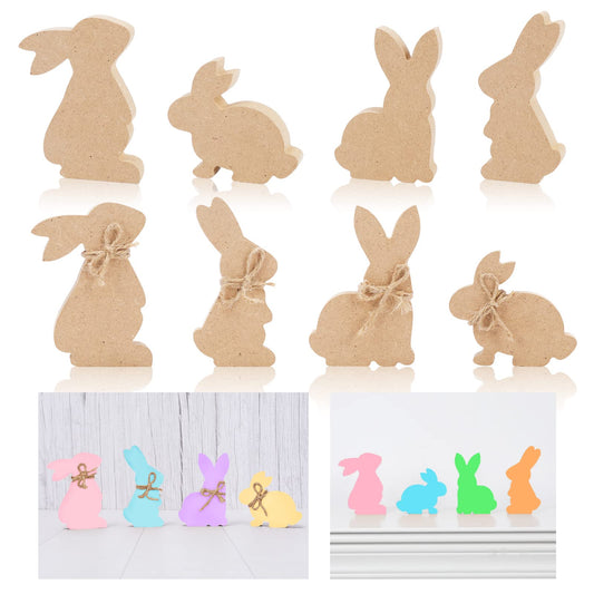 Whaline 8Pcs Easter Wooden Cutouts with Rope Unfinished Bunny Table Wood Signs Blank Rabbit Shape Tabletop Decoration Craft Tag Slice for Spring Home DIY Art Crafts
