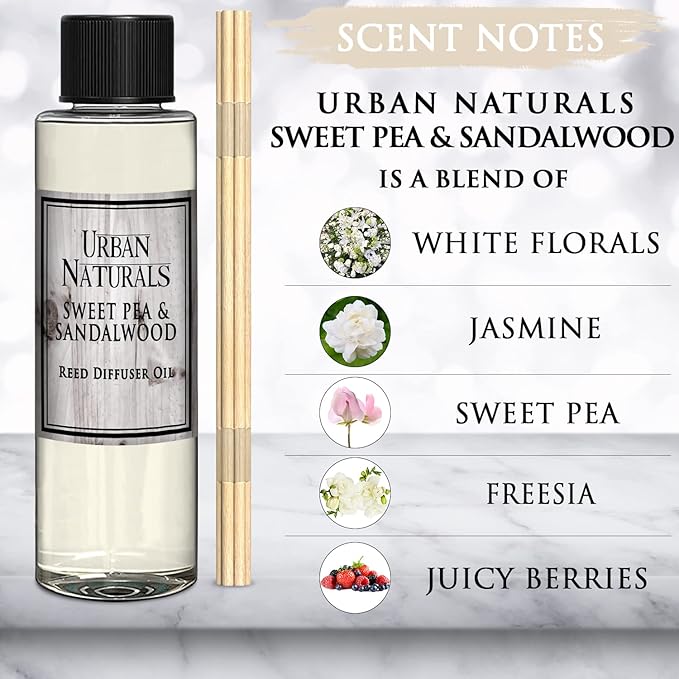 Urban Naturals Reed Diffuser Oil Refill, Sweet Pea & Sandalwood Diffuser Oils with Jasmine, Berries, Sweet Pea, 4 oz + Free Reed Sticks, Made in the USA
