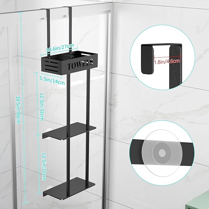 Over The Door Towel Rack, 3 Tier Hanging Towel Rack for Bathroom Stainless Steel, Over Door & Wall Mounted Towel Holder with Shelf Basket, Towel Storage for Small Bathroom, Black