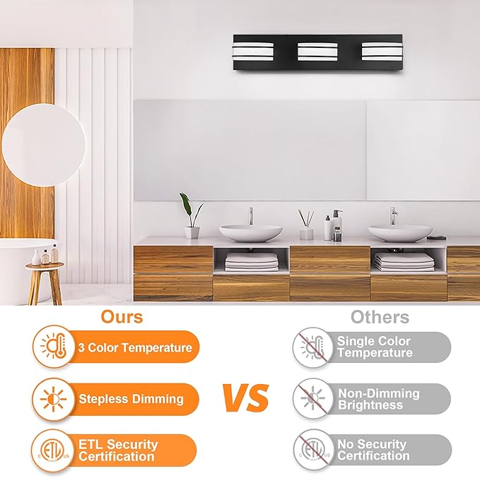 3 Color Temperature Dimmable Bathroom Light Fixtures Over Mirror, LED Black 3 Light Vanity Lighting Fixtures, Acrylic Stainless Steel Oval Shade Vanity Lights for Bathroom, ETL Certificated