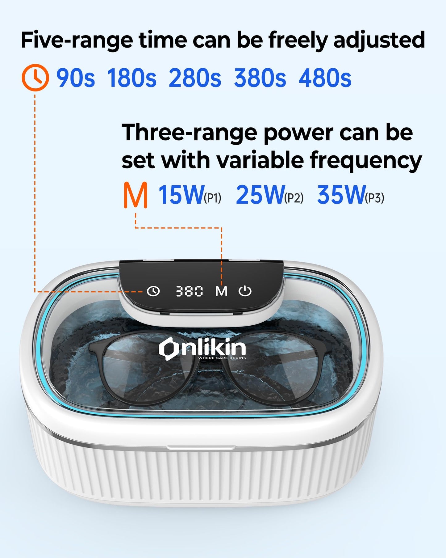 onlikin 35W Ultrasonic Jewelry Cleaner, 45KHz Retainer Cleaner for Jewelry, 5 Timer & 3 Power Modes, Eyeglasses, Rings, Watch Strap, Dentures - 20oz, 304 Stainless Steel Tank, Quiet <38dB (White)
