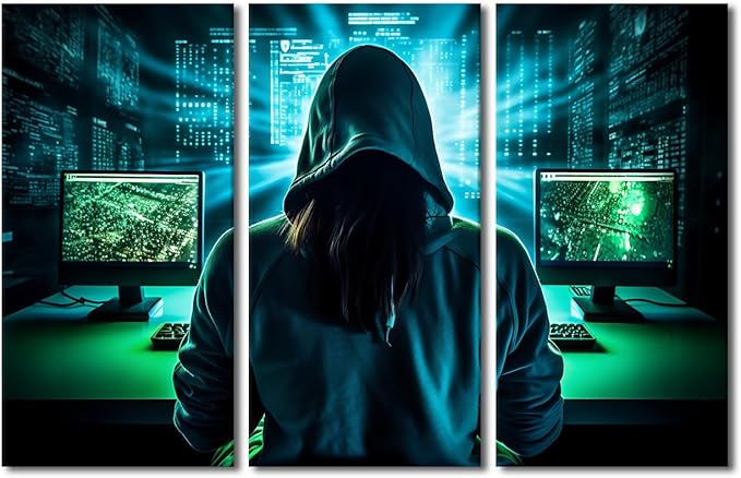 3 Pieces Canvas Wall Art Hacker Malware Picture Hacker Paintings for Wall Decorations AI Big Data Modern Artwork Stretched Canvas Prints Hacker Posters and Prints Framed Ready to Hang, 60"Wx40"H