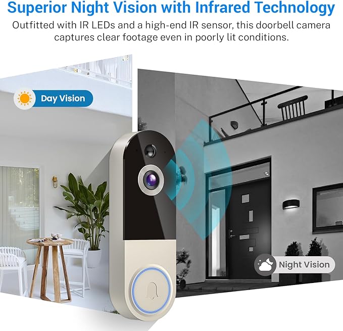1080p Wireless Video Doorbell Camera, Smart Outdoor Surveillance Cam, Live View, Cloud Storage, AI Human Detection, Instant Alerts, Night Vision, Two Way Audio, 2.4G WiFi Only