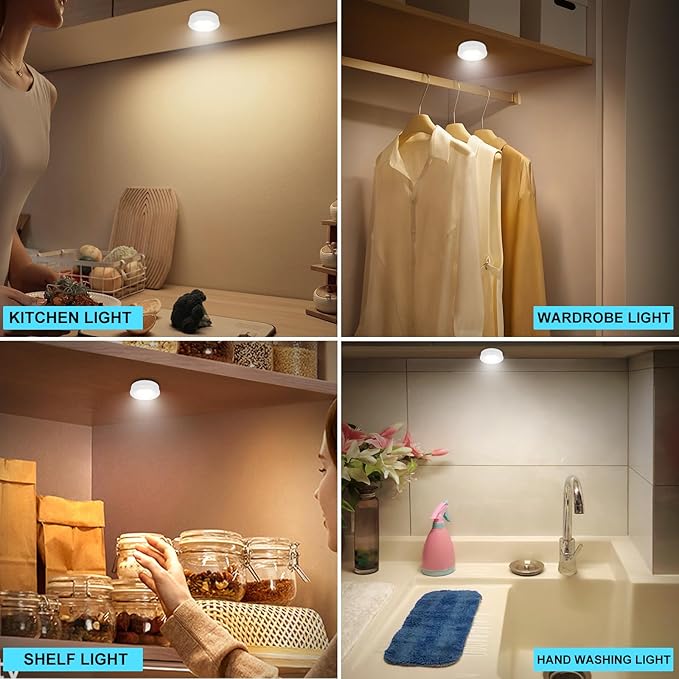 Wireless LED Puck Lights, Touch Activated Tap Ligh Push Light, Battery Operated Stick On Lights for Under Cabinet, Kitchen, Closet & Counters, 6-Pack, White