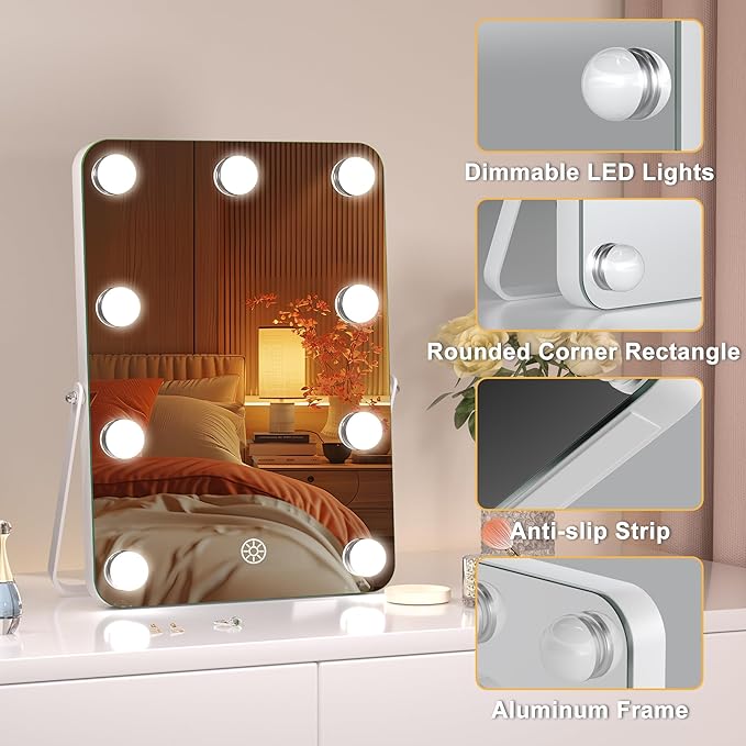 Hasipu LED Makeup Mirror with Bluetooth Speaker, 10.6" x 14" Hollywood Vanity Mirror with Lights, Rounded Rectangle White Frame, 3 Modes Light, Smart Touch Control Dimmable, 360°Rotation