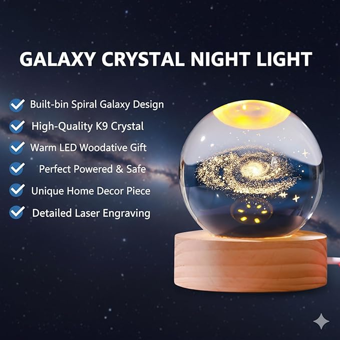 60mm 3D Crystal Ball Night Light, Galaxy Glass Sphere Lamp with 7 Color LED on Wooden Base, Crystal Globe Orb Light for Bedroom Decor, Celestial Space Birthday Gift for Teens Boys Girls (Moon)
