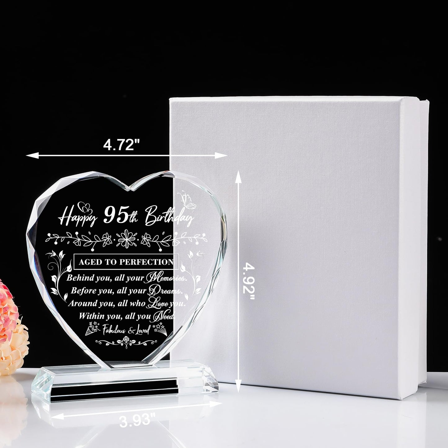 QIANRUNA 95th Birthday Gifts for Women Men, Laser Glass Heart 95th Birthday Decorations Ideas, Happy Birthday Gifts for 95 Year Old Parents Grandparents Husband Wife Mom Dad Friend
