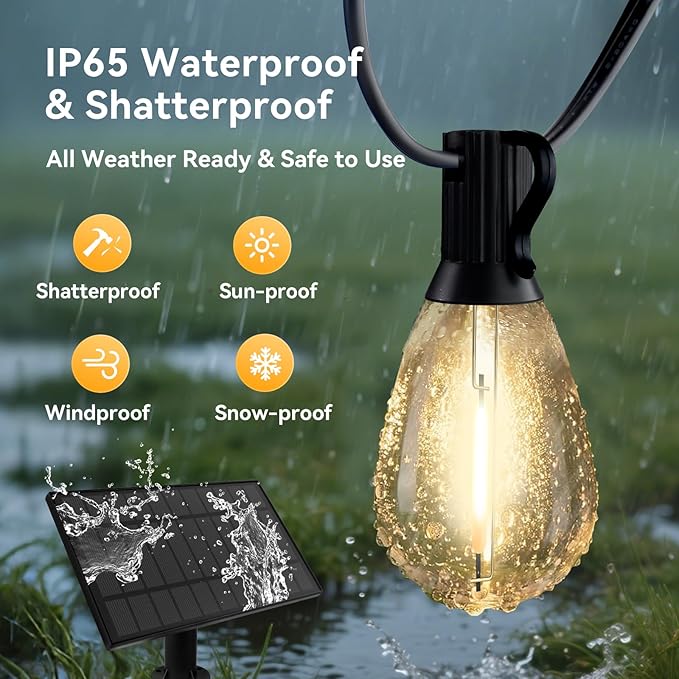 HJQ 120FT(60x2) Solar String Lights Outdoor Waterproof, Solar Powered Patio Lights with Remote & USB Port, 20+1 LED Shatterproof Bulbs, 3 Modes, Dimmable Solar Hanging Lighting for Yard Garden Party