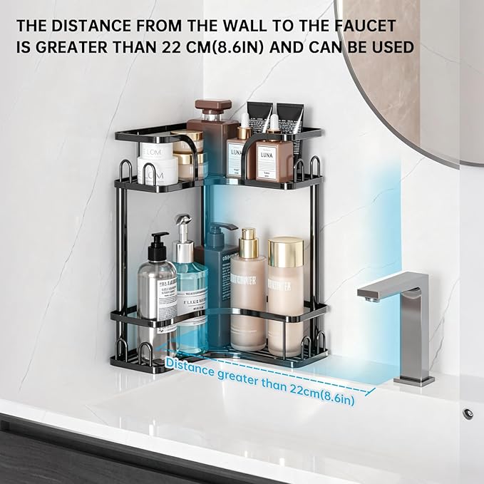 2-Tier Corner Bathroom Counter Organizer, Space Saving Black Vanity Countertop Shelf for Toiletries, Skincare & Makeup, Sturdy Stainless Steel Standing Rack for Bathroom Storage & Kitchen Spices
