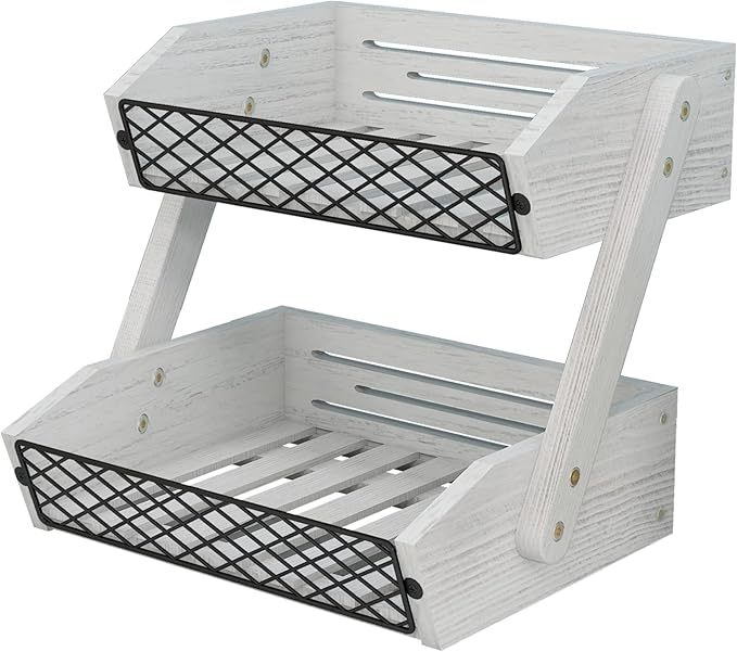 Dorhors Fruit Basket for Kitchen, 2 Tier Fruit Bowl,Kitchen Counter Organizer,Wooden Vegetable Holder for Countertop,Bread Storage Basket Stand (Rustic White)