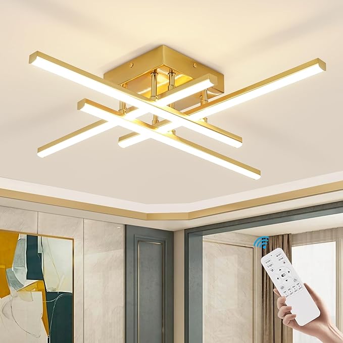 CANEOE Modern Ceiling Light Fixture, Gold Dimmable Close to Ceiling Light with Remote Control,Sputnik Flush Mount Ceiling Lamp for Bedroom Living Room Kitchen Modern Chandelier Light Fixture Ceiling