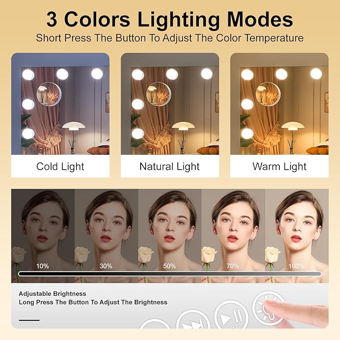 Hasipu 32" x24” Hollywood Vanity Mirror with Lights - Makeup Mirror with 17 Dimmable LED Bulbs, 10X Magnification, Touch Control, USB & Type-C Charging Port (Square White)