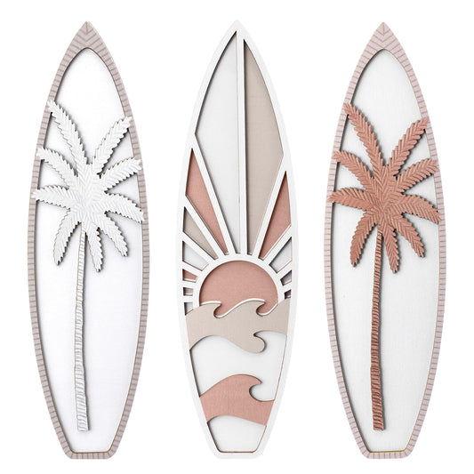RattanView 3 Pieces Surfboard Decor for Bedroom Wooden Beach Wall Decor Summer Wood Surfboard Wall Hanging Sign for Tropical Living Room Decoration(Coconut Tree,Boho Color)