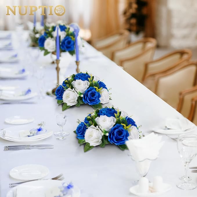 NUPTIO Flower Ball Arrangement Bouquet - 2 Pcs 9.5 inch Diameter Royal Blue Fake Flowers Roses Balls for Centerpieces Tables - Artificial Rose Arrangements for Wedding Centerpiece Table Decorations