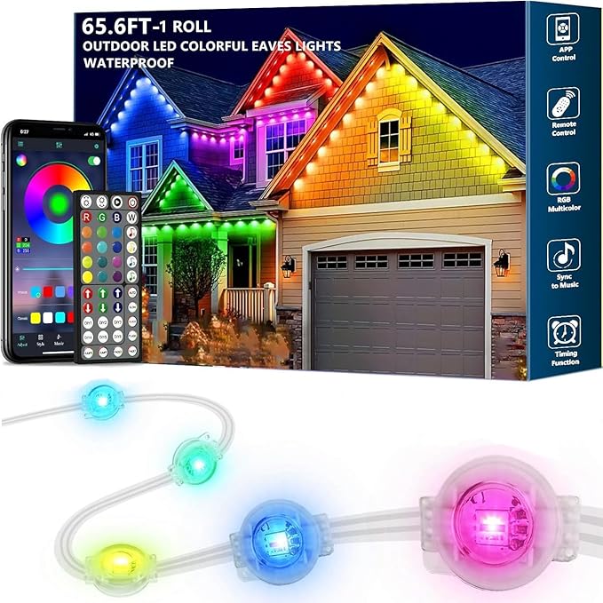 65.6FT Permanent Outdoor RGB Lights,IP67 Waterproof Smart LED Eaves Lights with App/Remote Control,for Christmas and All Holiday Decor,Daily and Accent Lighting,House Roof and Garden Lighting