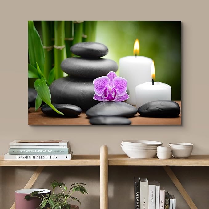 wall26 Canvas Print Wall Art Purple Orchid with Candles, Massage Stones & Bamboo Floral Nature Photography Realism Zen Scenic Multicolor for Living Room, Bedroom, Bathroom, Office - 12"x18"