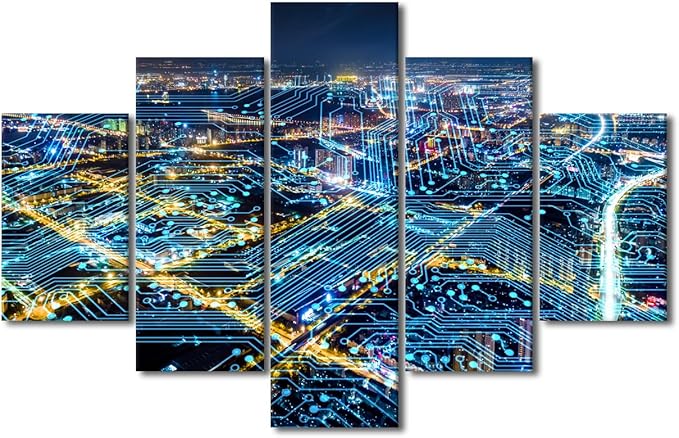 Wall Art for Living Room Modern Cityscape Poster 5 Panel Canvas Art Network Connection Concept Picture Internet Companies Wall Art Internet Workers Home Decoration Stretched Ready to Hang 60x40 Inch