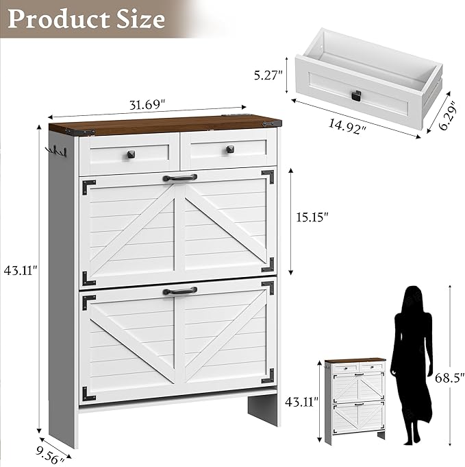 Shoe Cabinet with Odor Control Deodorizer and Back Panel, Farmhouse Narrow Shoe Storage Cabinet Rack for Entryway with 2 Flip Drawers and 2 Top Drawers, Adjustable Shelves, Side Hooks