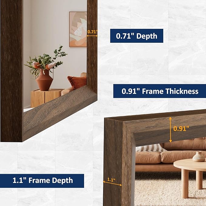 WEER Bathroom Mirror, 28x36 Inch Wall Mirror, Walnut Wood Grain Framed Mirror, Rectangle Vanity Mirror, Tempered Glass, Anti-Rust, Hangs Horizontally or Vertically