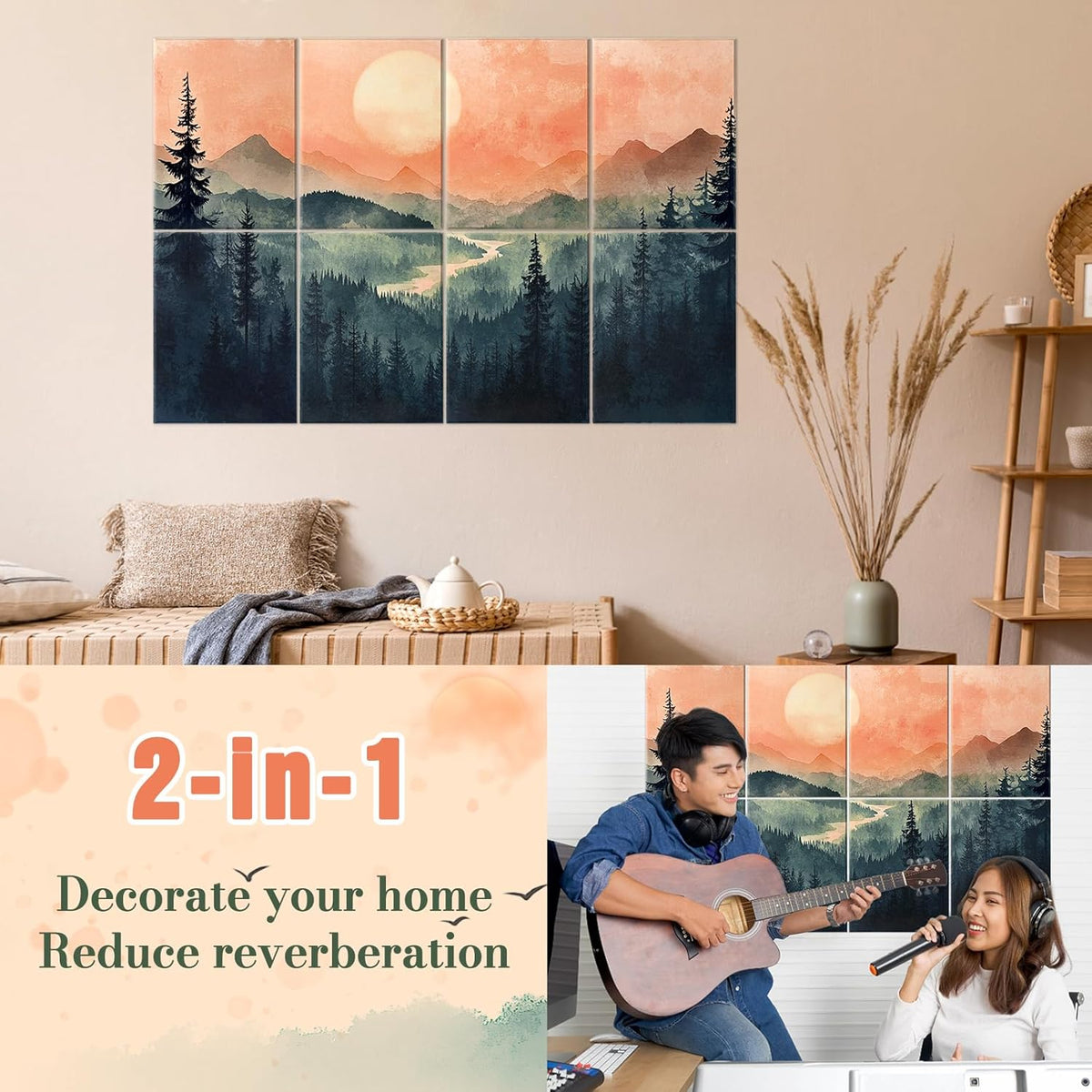 8 Pack 48"x32" Art Acoustic Panels, Self Adhesive Soundproof Wall Decorative Sound Absorbing Panels, High-Density Noise Dampening Canceling Reducing Blocker for Room Office(Setting Sun)