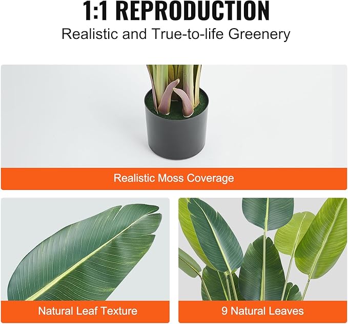 VEVOR Artificial Bird of Paradise Tree, 5 FT Tall Faux Plant, PE Material & Anti-Tip Tilt Protection Low-Maintenance Plant, Lifelike Green Fake Tree for Home Office Warehouse Decor Indoor Outdoor